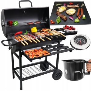 Grill Węglowy Ogrodowy z POKRYWĄ Duża Beczka Popielnik Termometr Półki